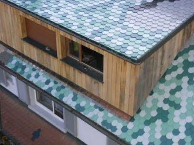 Eine Luftaufnahme eines Hauses mit einem grünen Ziegeldach