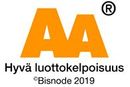 Orange “AA” credit rating logo with Finnish text “Hyvä luottokelpoisuus” and “Bisnode 2019”