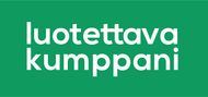 White “luotettava kumppani” text on a green background