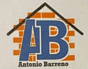 Logotipo para Antonio Barreno: Letras "AB" azules con fondo de ladrillo naranja, contorno de techo negro.