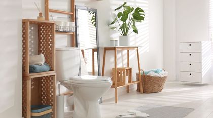 Interior del baño: inodoro, estantería de madera, espejo, planta, cesta y cajones blancos.