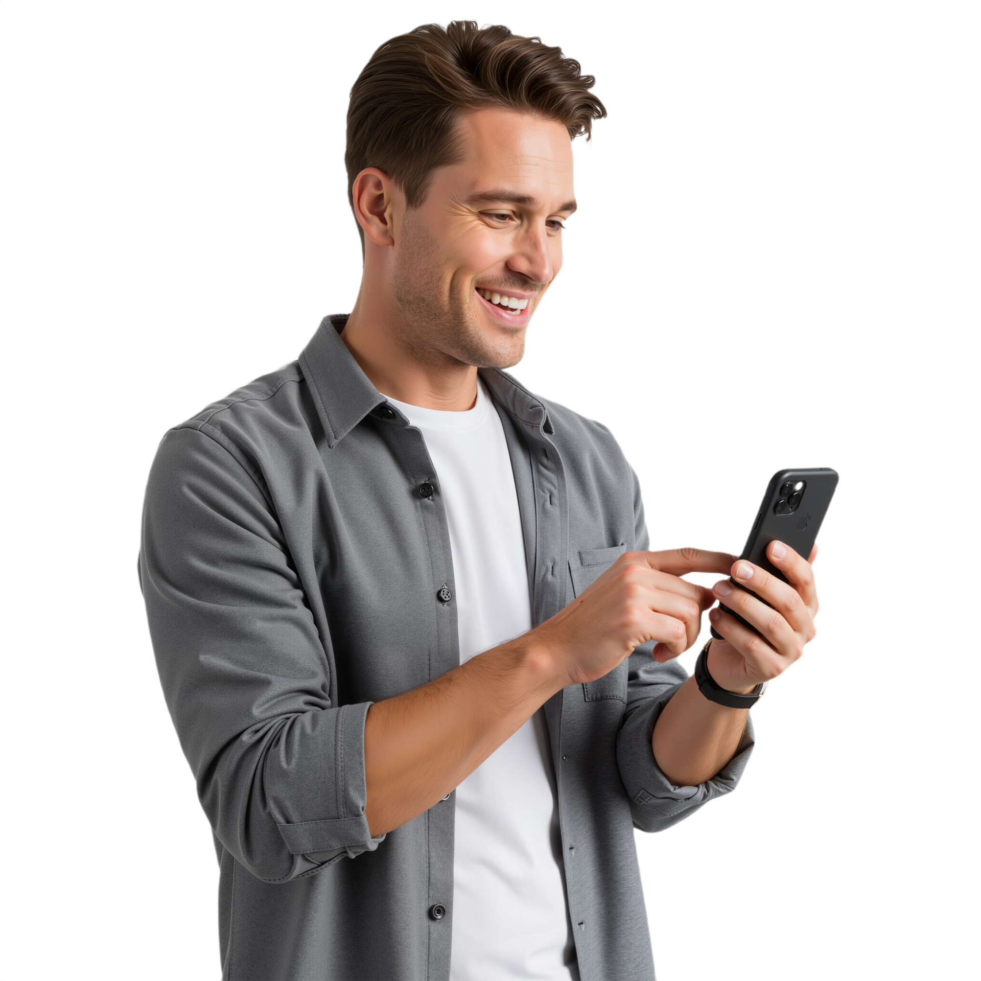 Un jeune homme souriant portant une chemise et regardant son téléphone