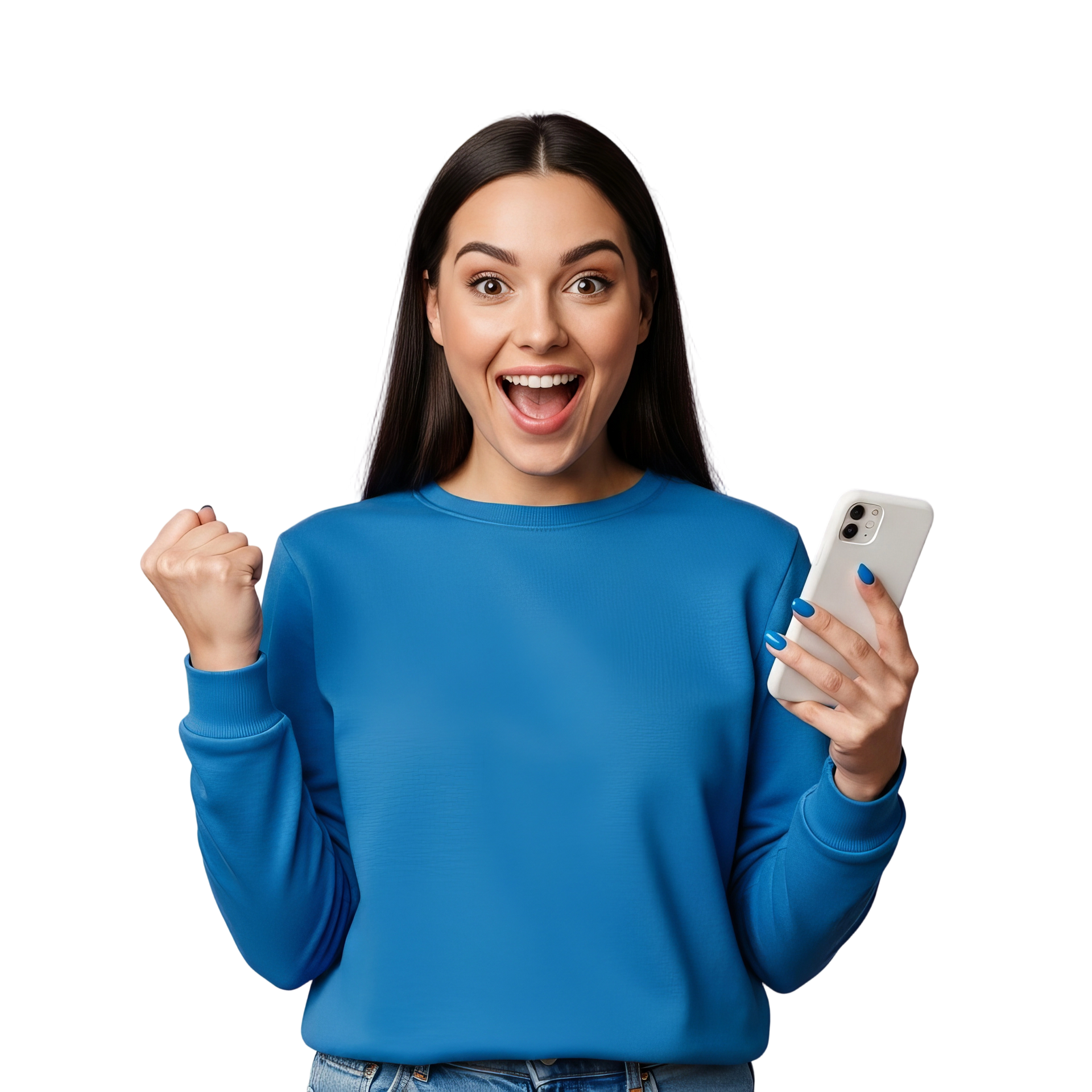 Une femme habillée avec un sweet de couleur bleue tenant son téléphone