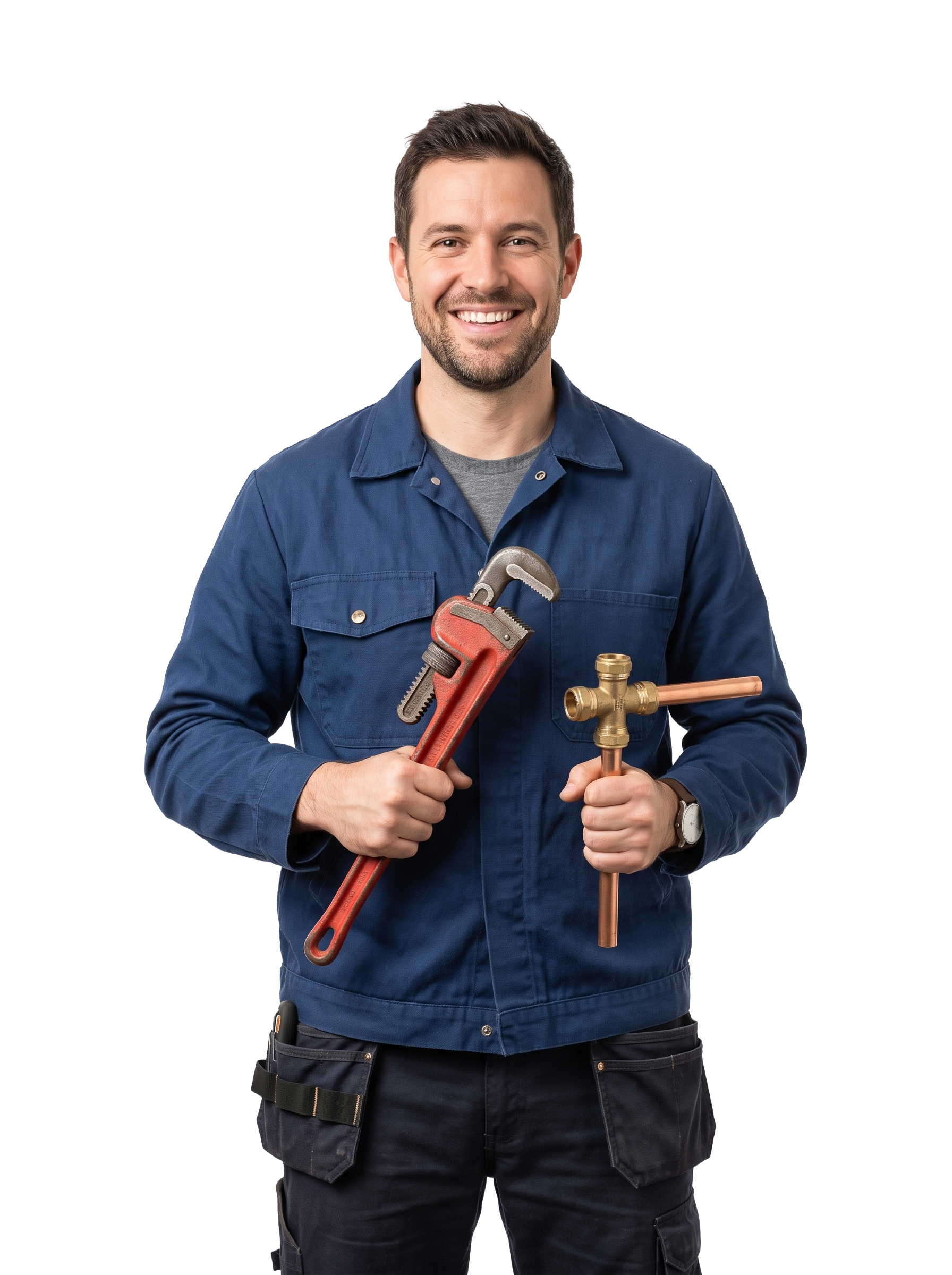 Un plombier-chauffagiste avec des outils dans la main
