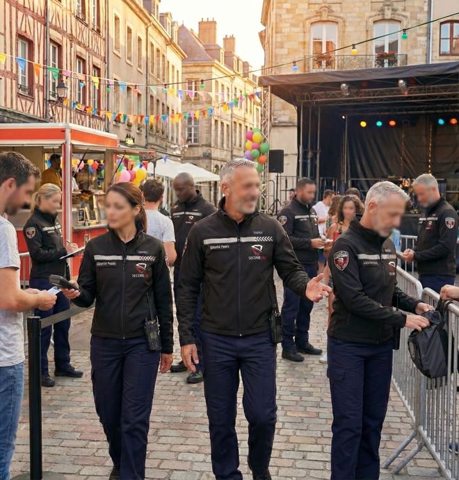 Des agents de sécurité en uniforme noir patrouillent une rue pavée lors d'un événement public