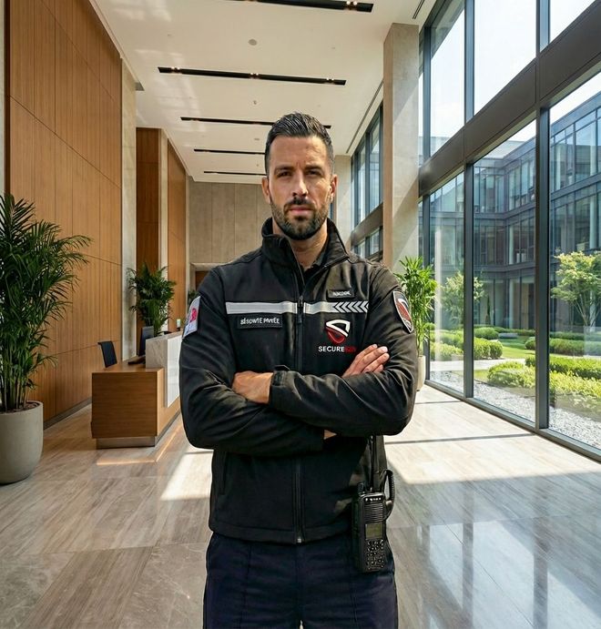 Un agent de sécurité, les bras croisés, se tient dans un hall moderne et lumineux, doté de grandes baies vitrées