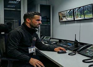 Un agent de sécurité surveille les flux vidéo de plusieurs caméras de surveillance sur des écrans