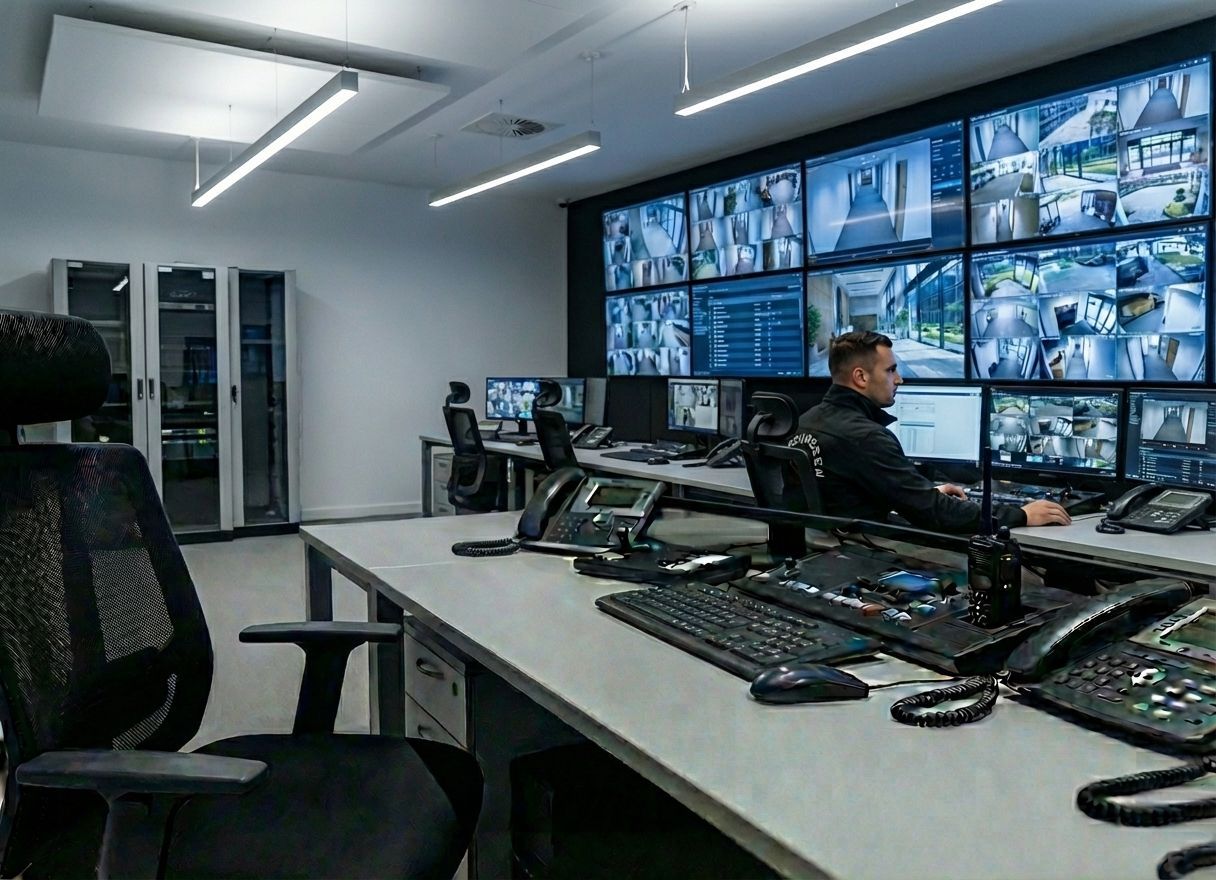 Dans un centre de contrôle moderne et bien éclairé, un agent de sécurité surveille un mur d'écrans
