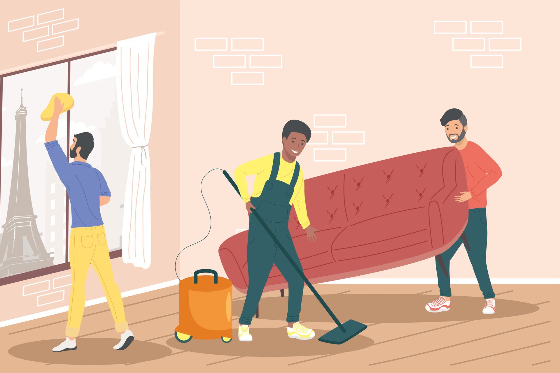 Tres personas limpiando una habitación: una limpiando una ventana, otra pasando la aspiradora y otra cargando un sofá rojo.