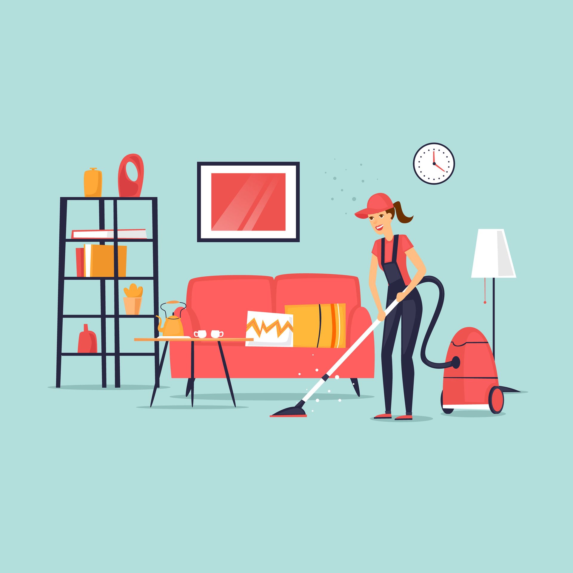 Una persona aspira una sala de estar con muebles rojos y una aspiradora roja.