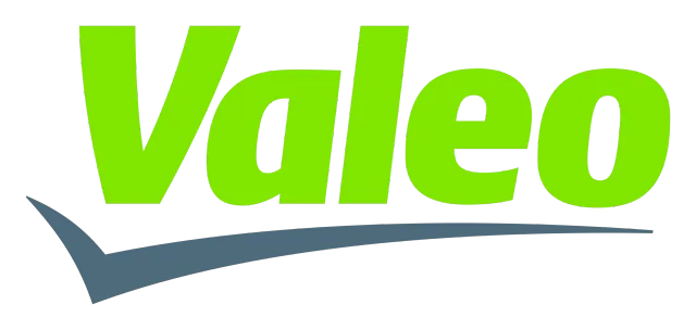 Logo Valeo vert vif avec un trait incurvé gris en dessous, sur fond blanc