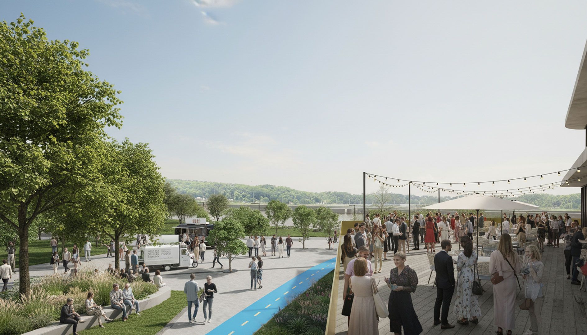 Des gens étaient rassemblés à l'extérieur, certains sur une terrasse surélevée. On aperçoit une piste cyclable bleue, des food trucks et des arbres.