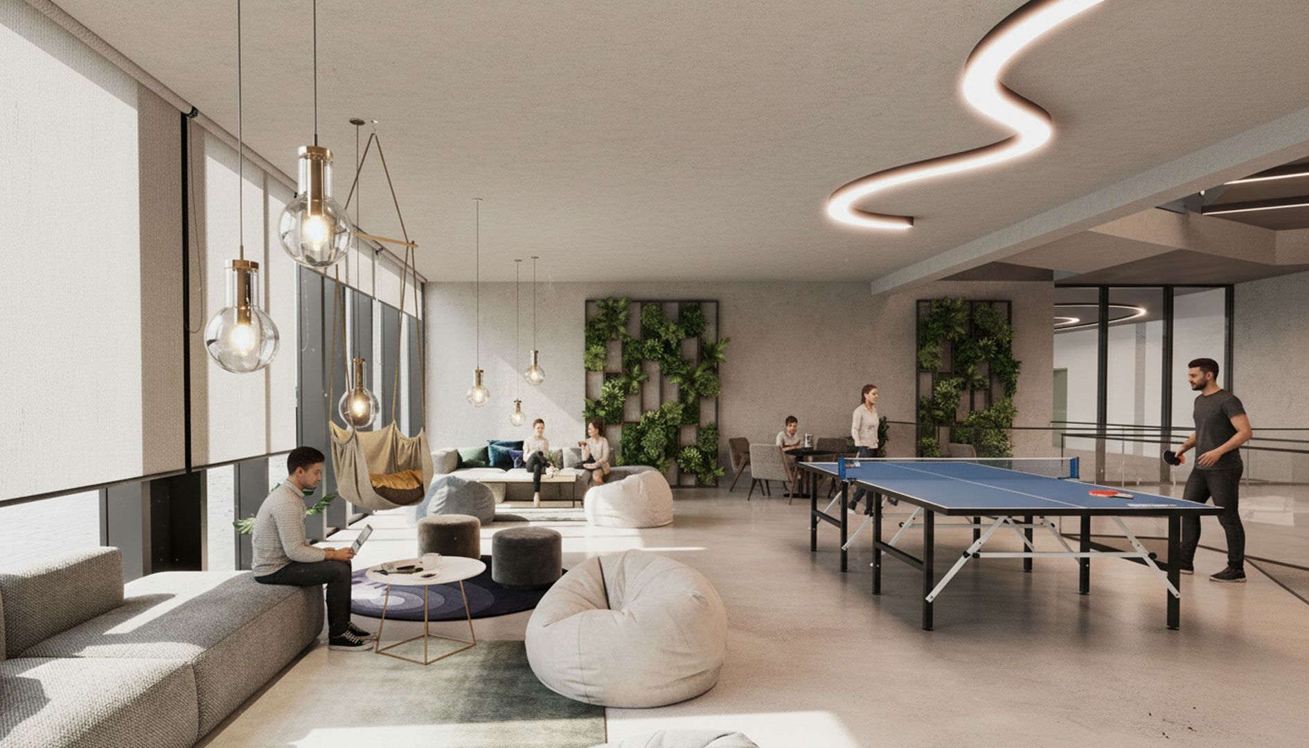 Intérieur d'un salon de bureau moderne où des personnes jouent au ping-pong et travaillent sur des ordinateurs portables. Couleurs neutres.