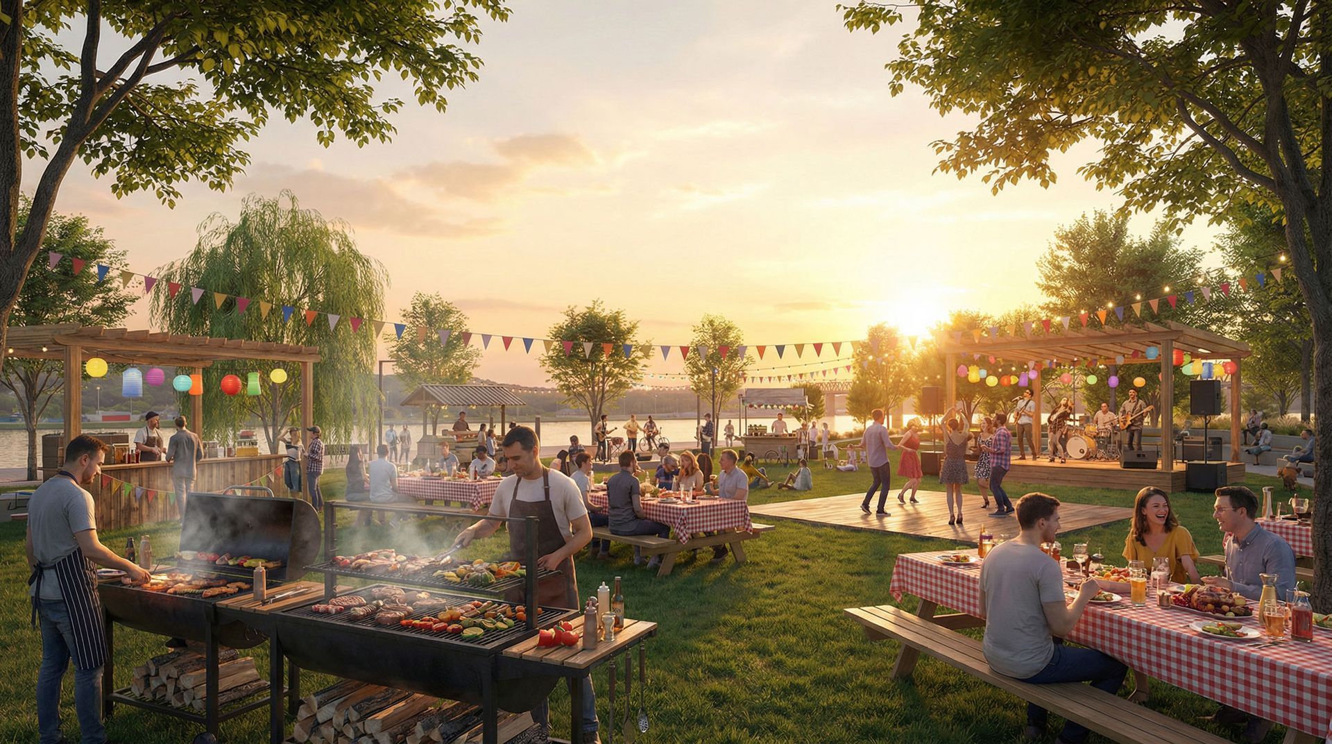 Pique-nique au coucher du soleil avec barbecue, tables et gens profitant du bord de l'eau.