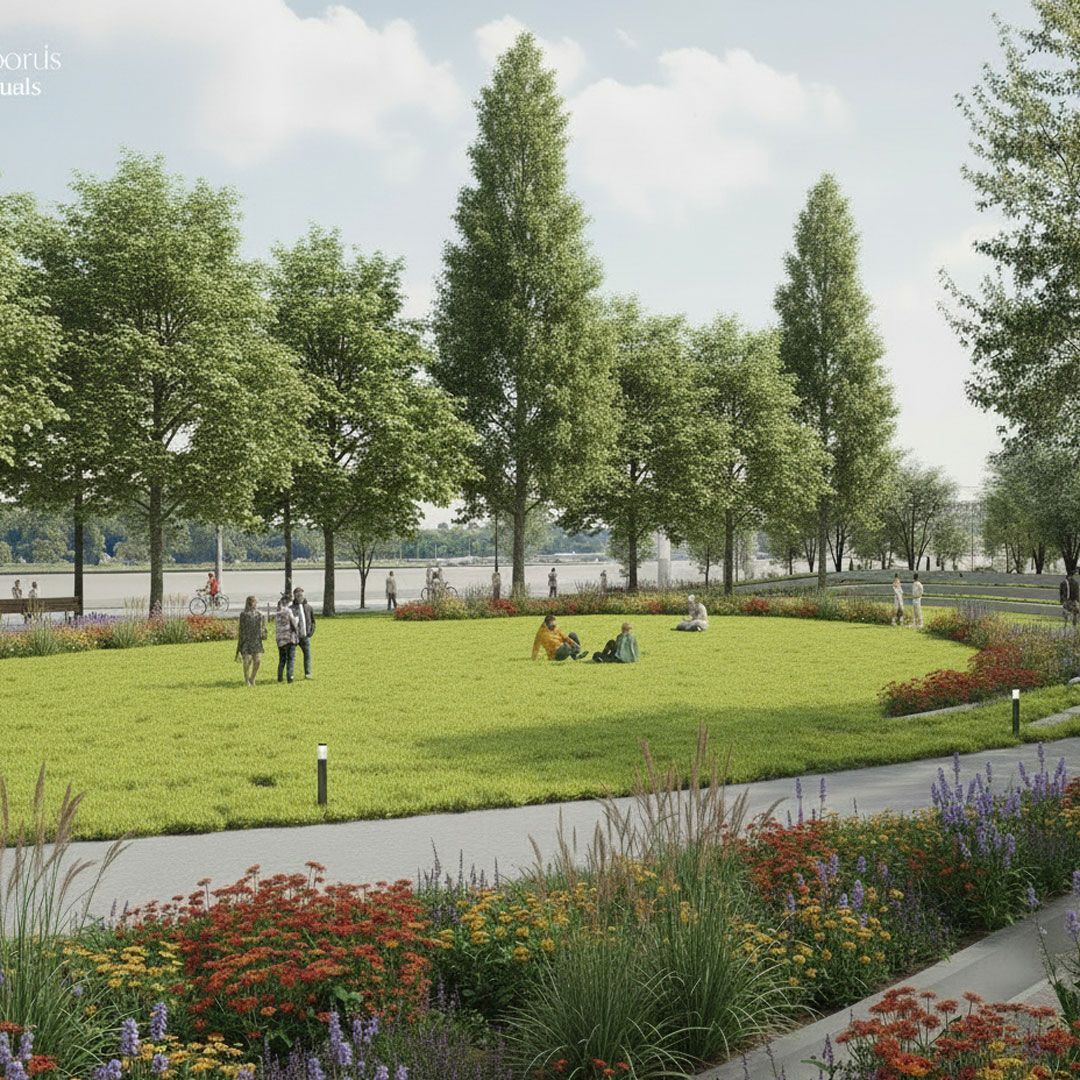 Scène de parc avec pelouse verte, arbres, fleurs et personnes profitant du plein air par une journée ensoleillée.