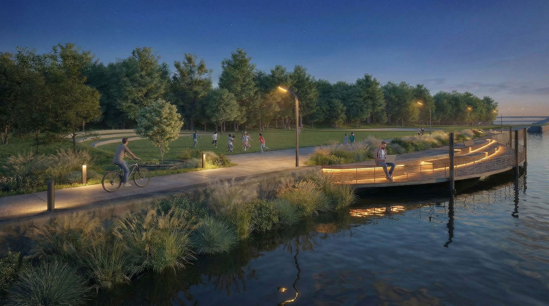 Un parc riverain au crépuscule. Un chemin éclairé serpente le long de l'eau, agrémenté de bancs et de passants. Des arbres bordent l'arrière-plan.