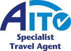Logo for AIT Specialist Travel Agent, blue letters, check mark, and arched line.