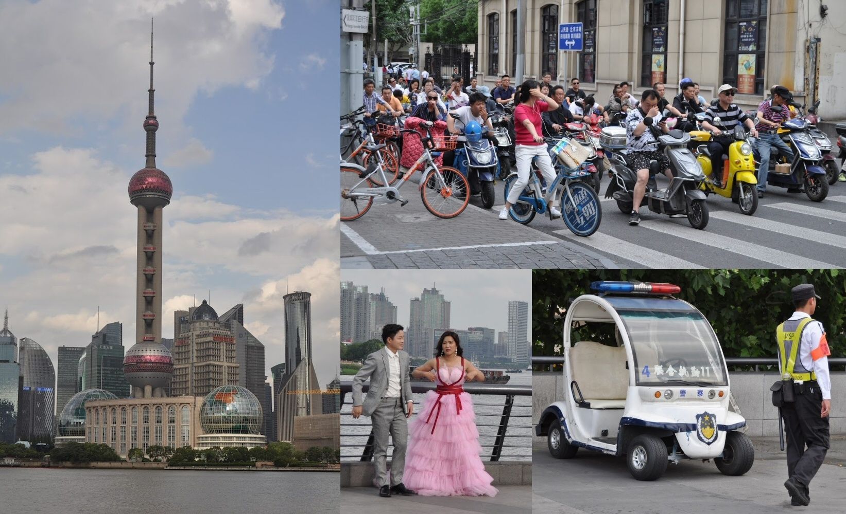 Shanghai, China: cityscape, people, flower displays, vehicles, and a couple in formal wear.