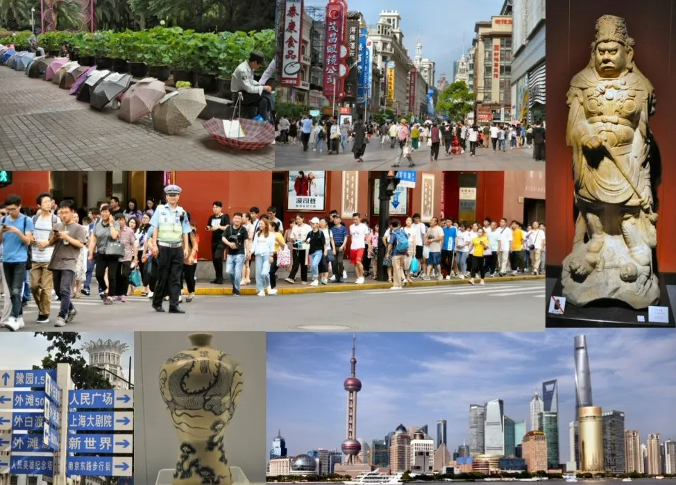 Collage of Shanghai scenes: crowds of people, buildings, sculptures, umbrellas, and the skyline.