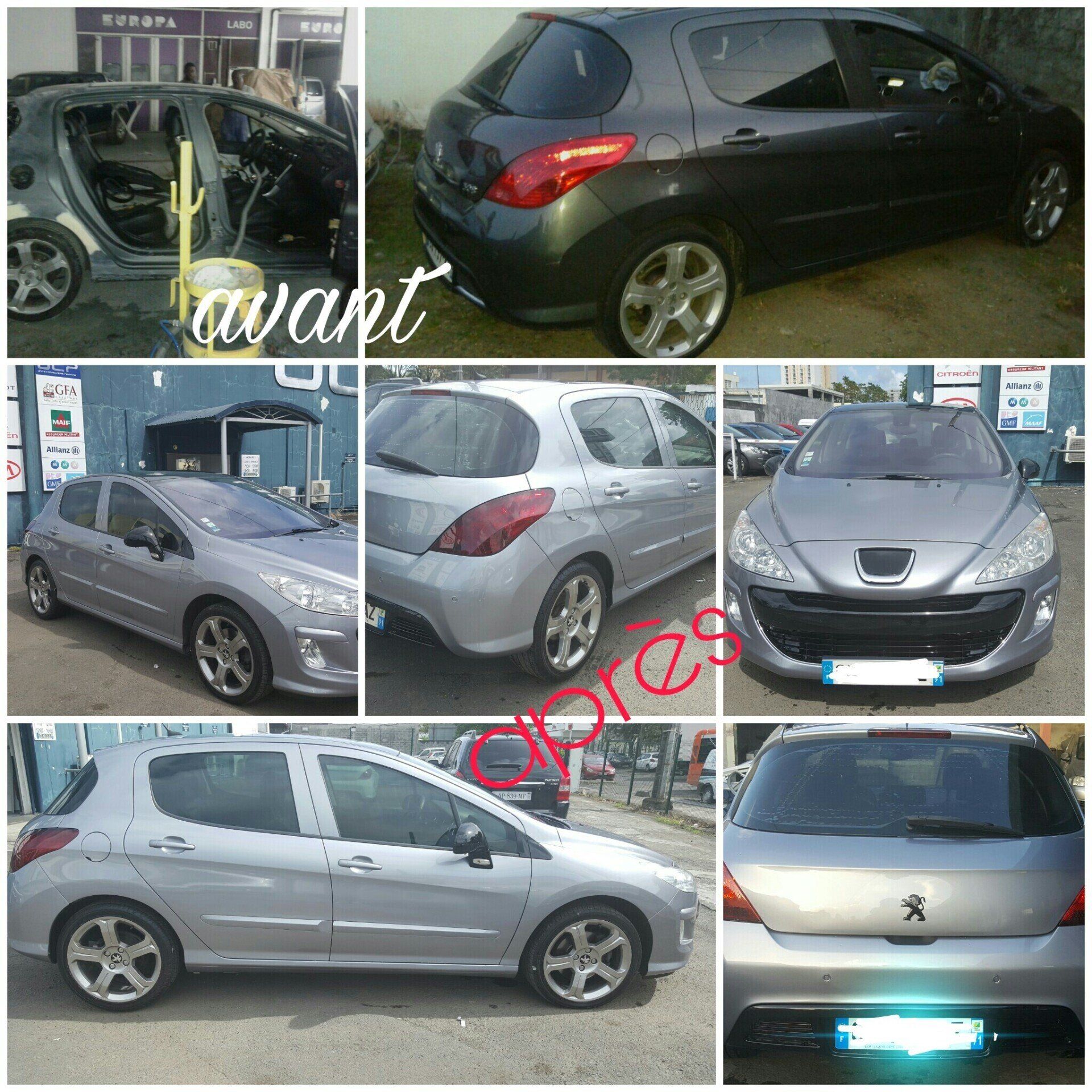 Un montage de photographies avant et après la peinture d'une voiture.