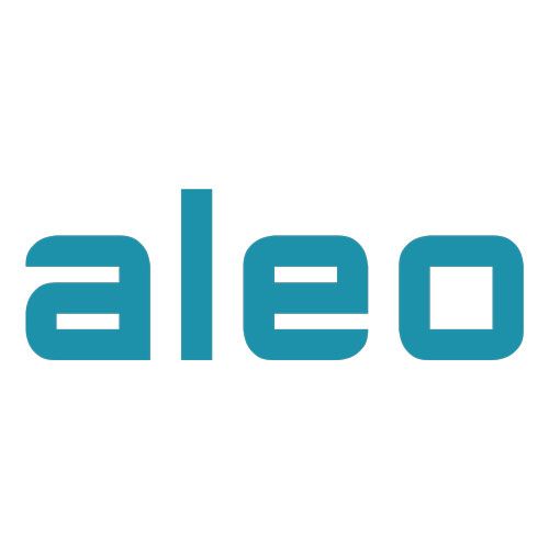 Das aleo-Logo ist blau und weiß auf weißem Hintergrund.