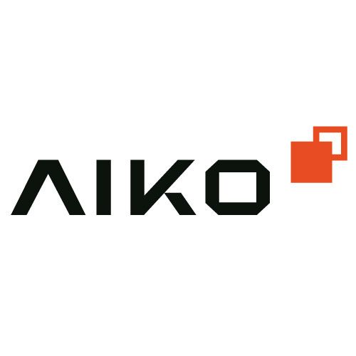 Das Logo von Aiko ist schwarz und rot mit einem Quadrat in der Mitte.