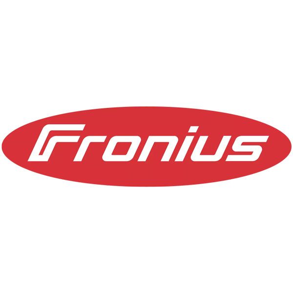 Ein rot-weißes Logo für Fronius auf weißem Hintergrund
