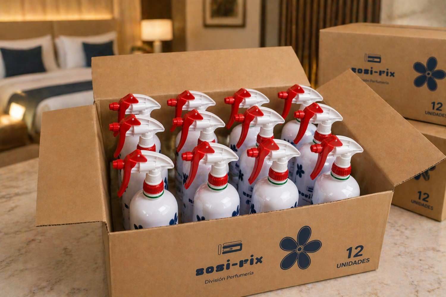 Una caja de cartón abierta llena de pequeños frascos de spray blancos y rojos sobre una mesa de hotel.