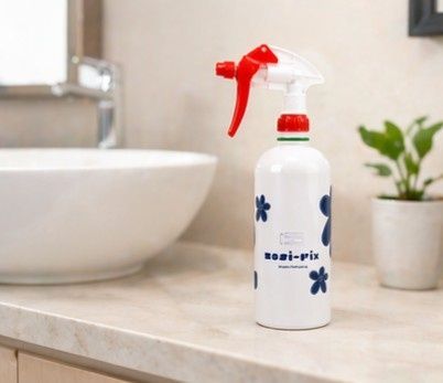 Botella pulverizadora blanca con gatillo rojo sobre el mostrador del baño, cerca del lavabo y una maceta.