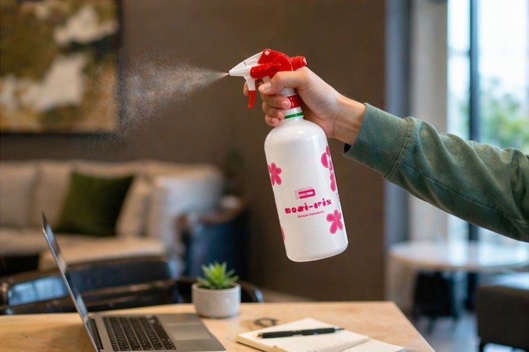 Una mano sostiene una botella de spray blanca con gatillo rojo sobre una computadora portátil.