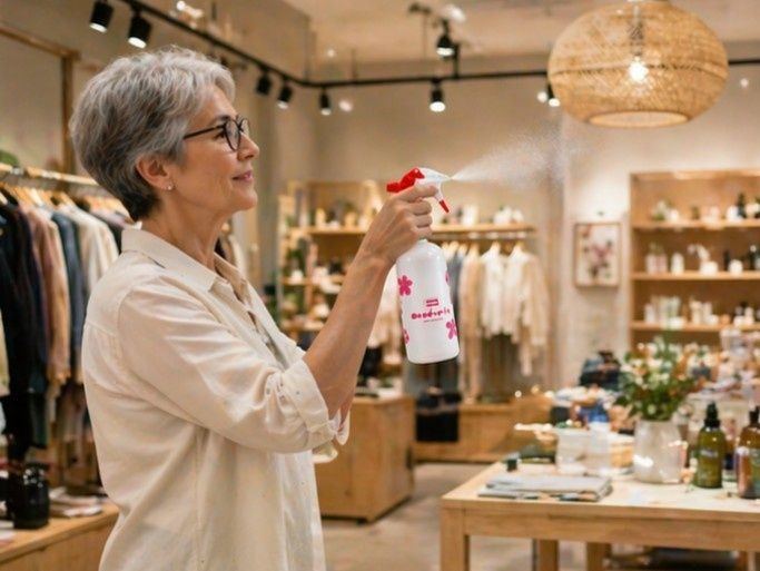 Mujer en una boutique rociando limpiador sobre un perchero en una tienda con iluminación tenue.