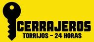 Logotipo de llave negra con texto "CERRAJEROS TORRIJOS - 24 HORAS" sobre fondo amarillo.
