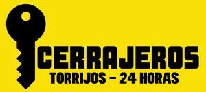 Logotipo de llave negra con texto "CERRAJEROS TORRIJOS - 24 HORAS" sobre fondo amarillo.
