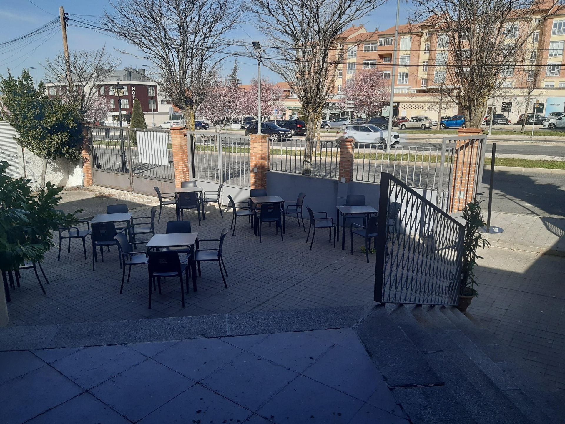 Un patio al aire libre con mesas y sillas dispersas bajo árboles sin hojas, junto a una calle con coches y edificios de apartamentos.