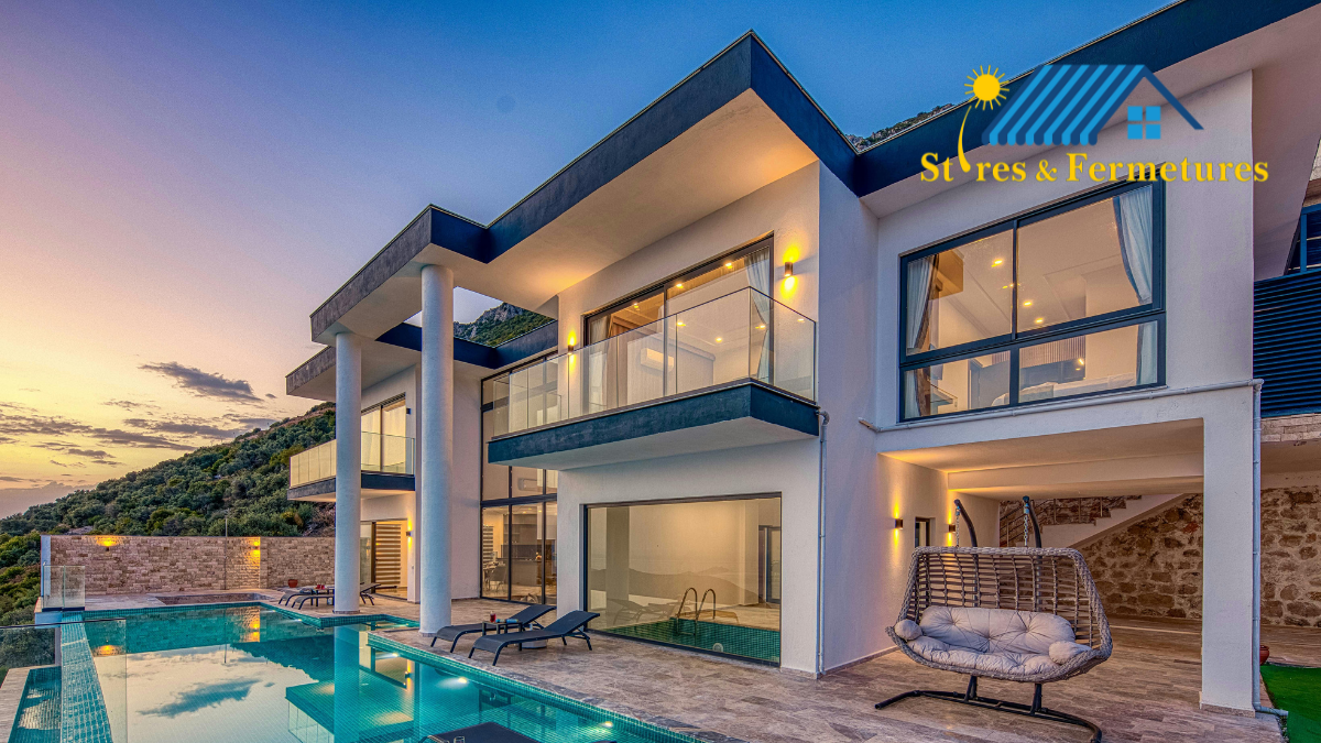 Villa moderne avec piscine au crépuscule, balcon et montagnes en arrière-plan.