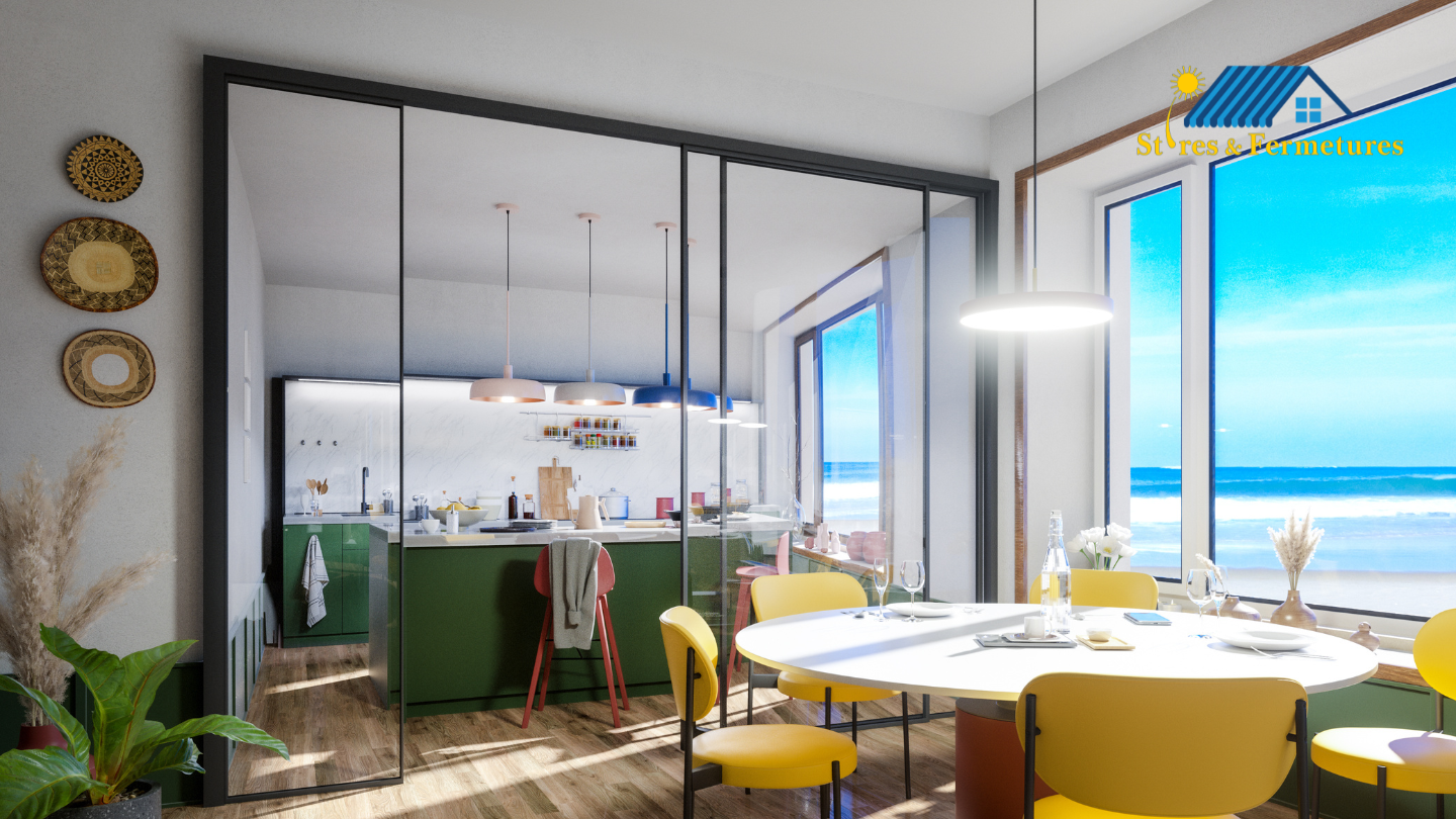 Salle à manger avec vue sur la plage, reflétant une cuisine verte dans un grand miroir.