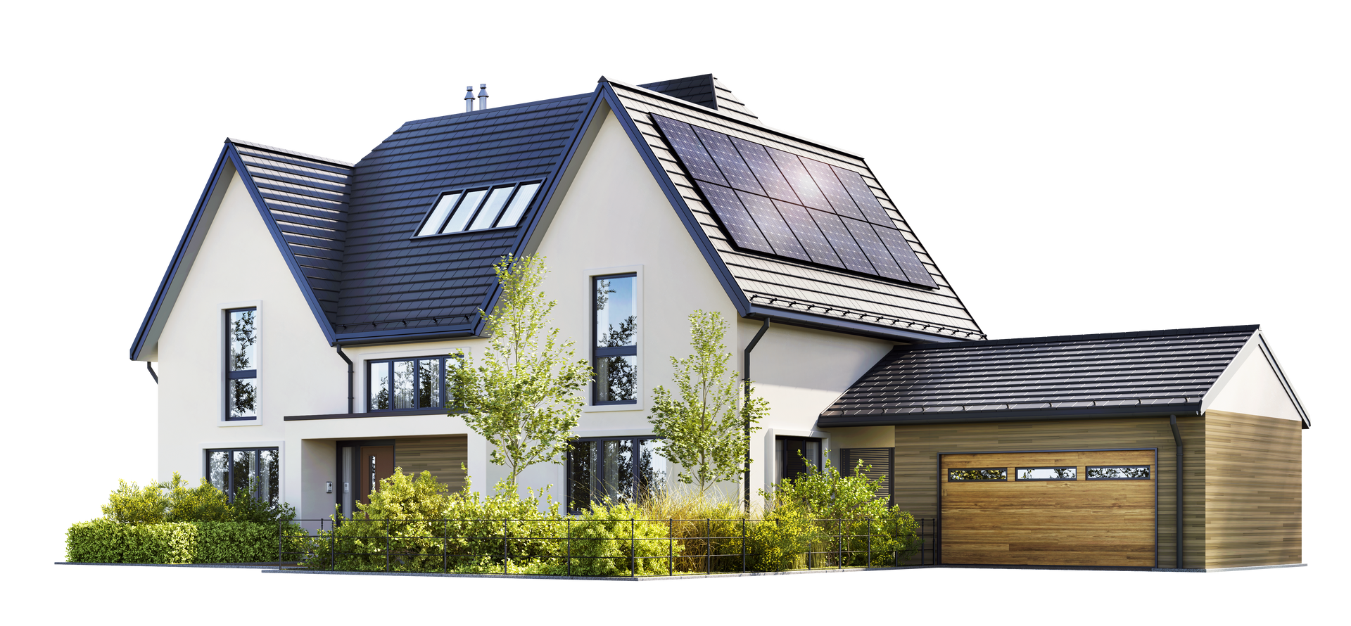 Maison blanche moderne avec toit noir, panneaux solaires et garage en bois.