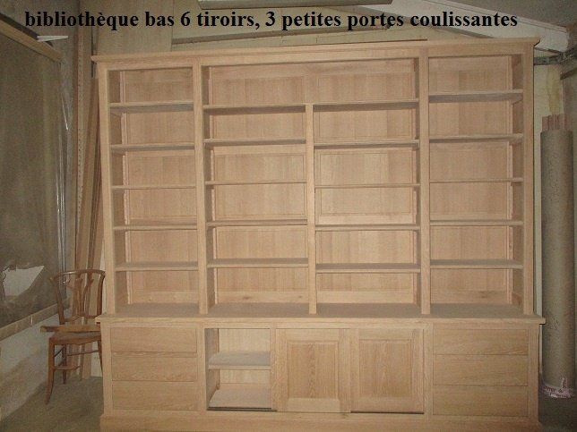 Bibliothèque bas 6 tiroirs, 3 petites portes coulissantes