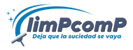 Logo for "limPcomp" with a blue squeegee icon, sparkling accents, and the slogan "Deja que la suciedad se vaya."