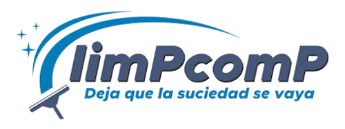 Logo for "limPcomp" with a blue squeegee icon, sparkling accents, and the slogan "Deja que la suciedad se vaya."