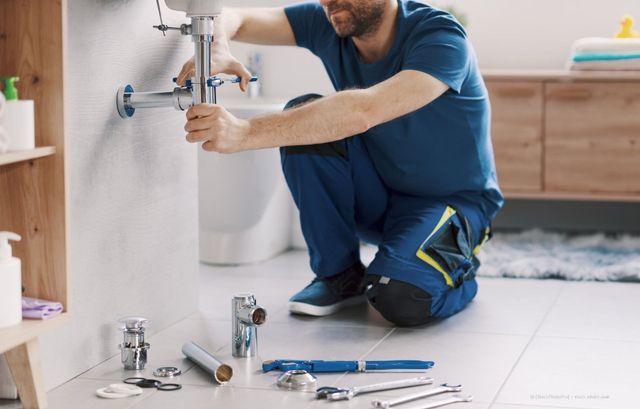 Ein Klempner kniet und arbeitet an den Abflussrohren eines Waschbeckens im Badezimmer. Werkzeuge und Ersatzteile liegen verstreut auf dem Boden.