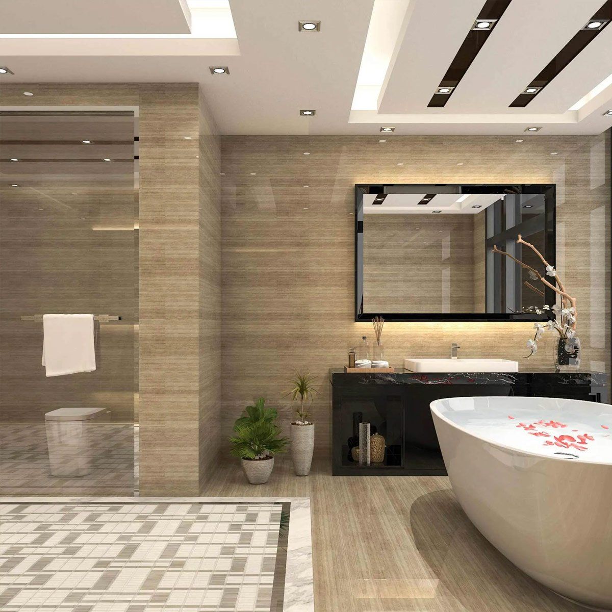 Salle de bains équipée d'une douche et d'une baignoire remplie d'eau et de quelques pétales de fleurs