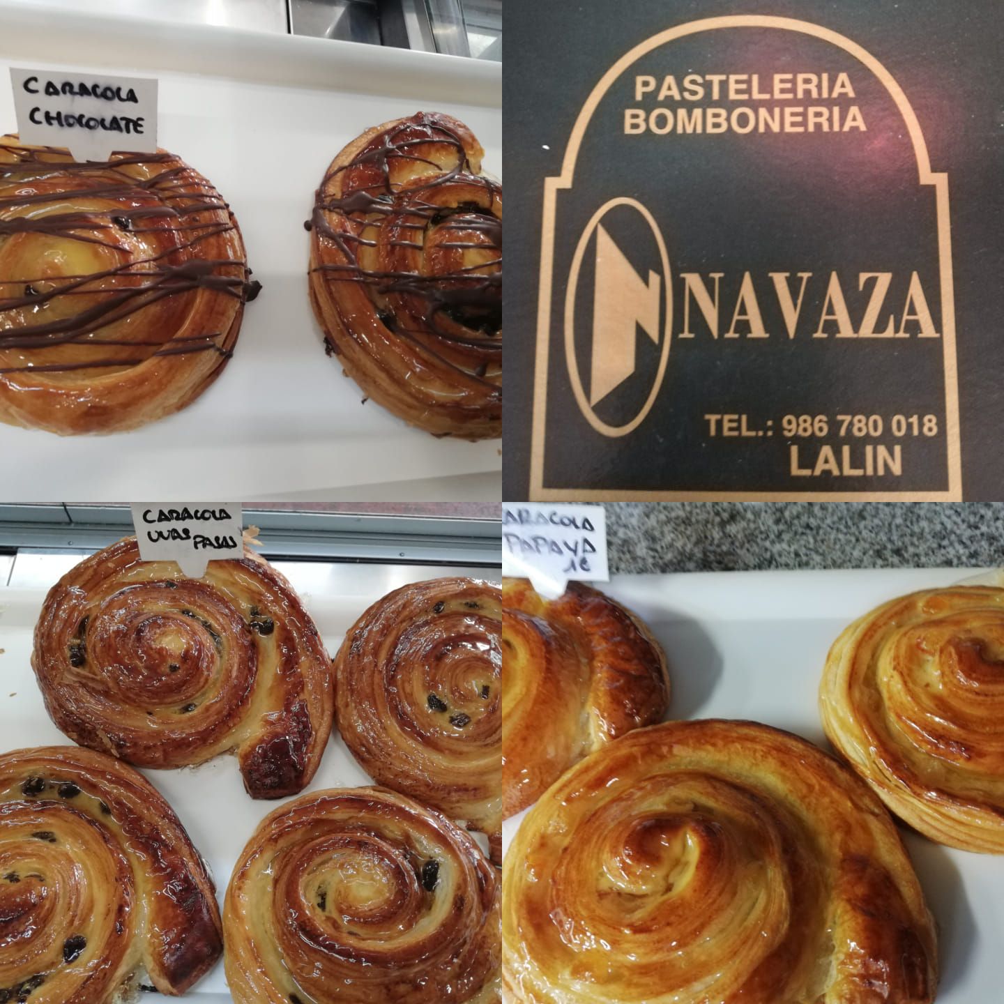 A collage of various spiral pastries at Pastelería Bombonería Navaza in Lalín, including chocolate-drizzled options.