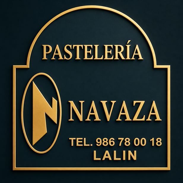 Logotipo dorado para "Pasteler&iacute;a Navaza" en Lal&iacute;n, con un icono en forma de N sobre fondo oscuro.