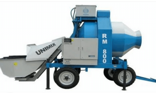 A blue and white concrete mixer with the word unimix on it