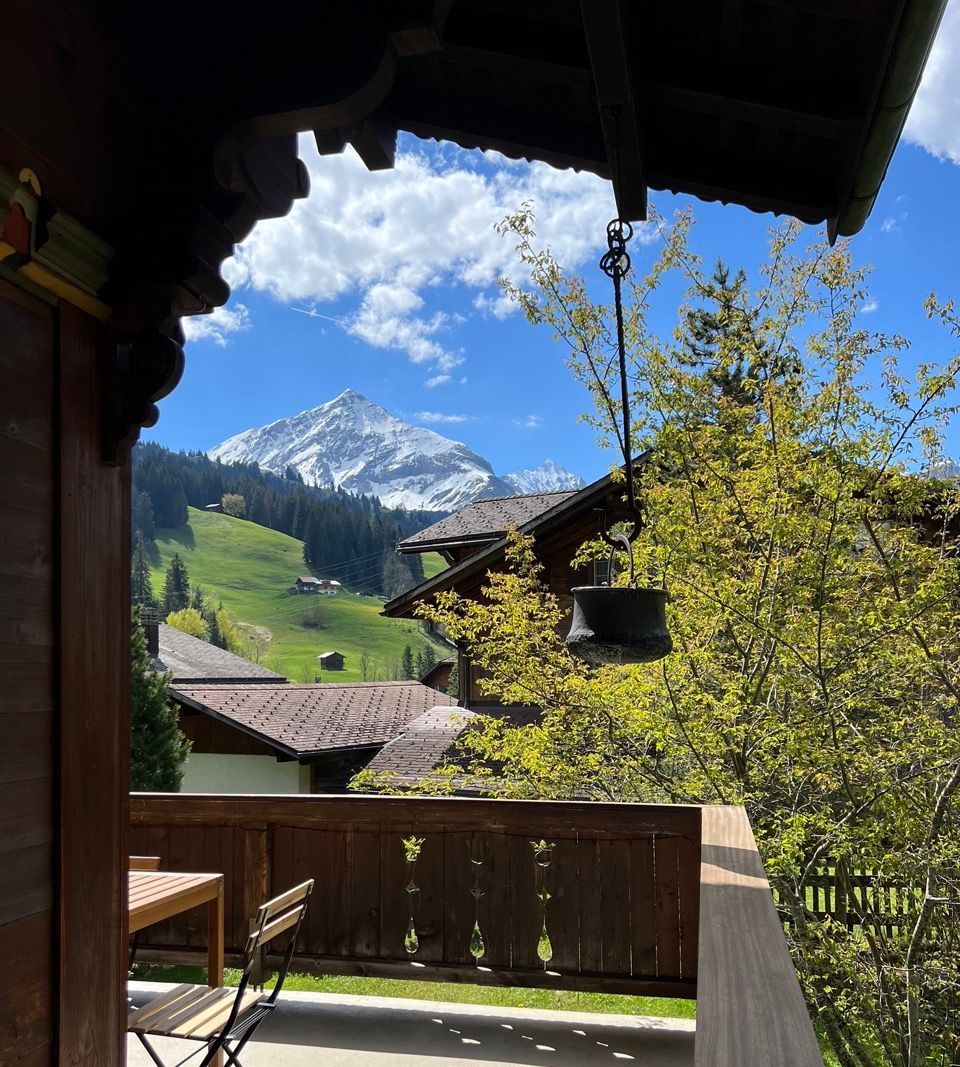 A balcony with a view of a mountain and trees. SBI Rentals