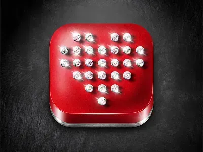 Rotes Quadrat mit diamantähnlichen Edelsteinen in Herzform auf strukturiertem, dunklem Hintergrund.