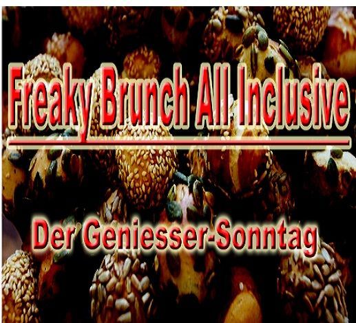 Werbegrafik für einen „Freaky Brunch All Inclusive“-Sonntagsbrunch vor einem Lebensmittelhintergrund