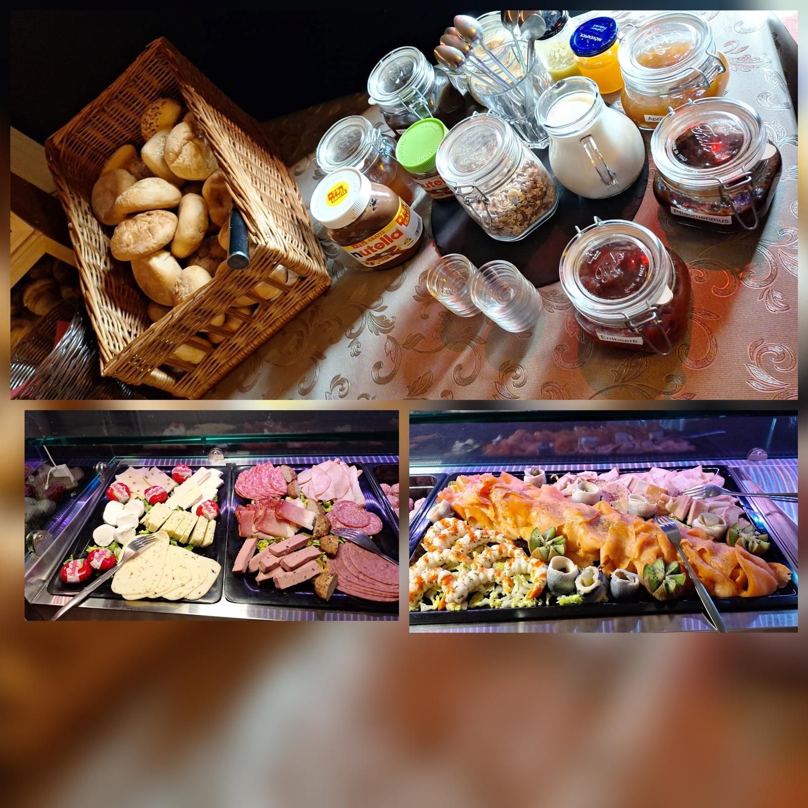 Frühstücksbuffet: Brotkorb, Marmeladen, Aufstriche, Aufschnitt und Sushi.