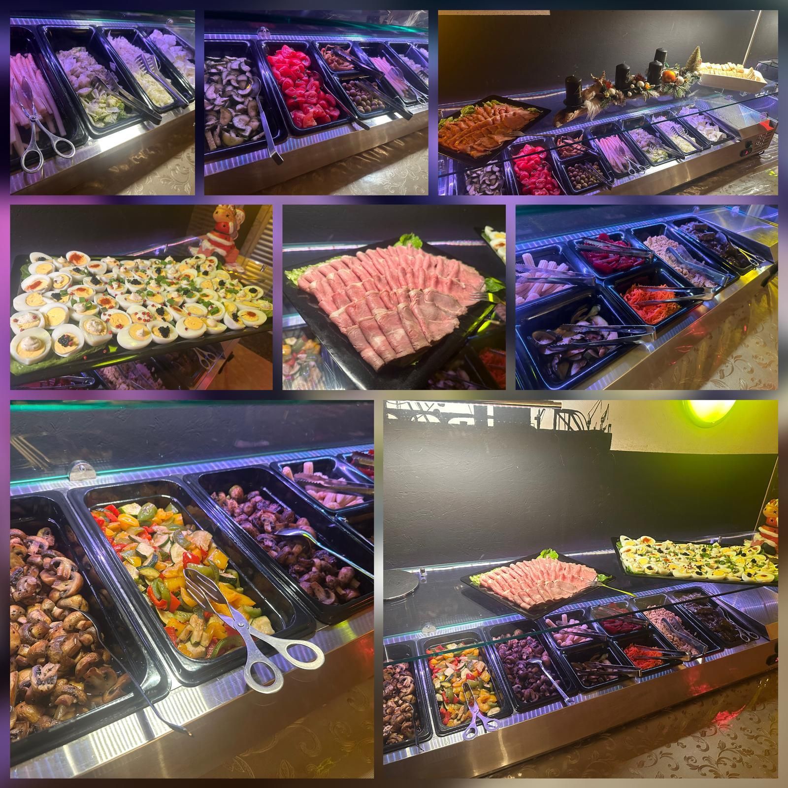 Collage eines Buffets mit verschiedenen Gerichten: Gemüse, Fleisch und Sushi.